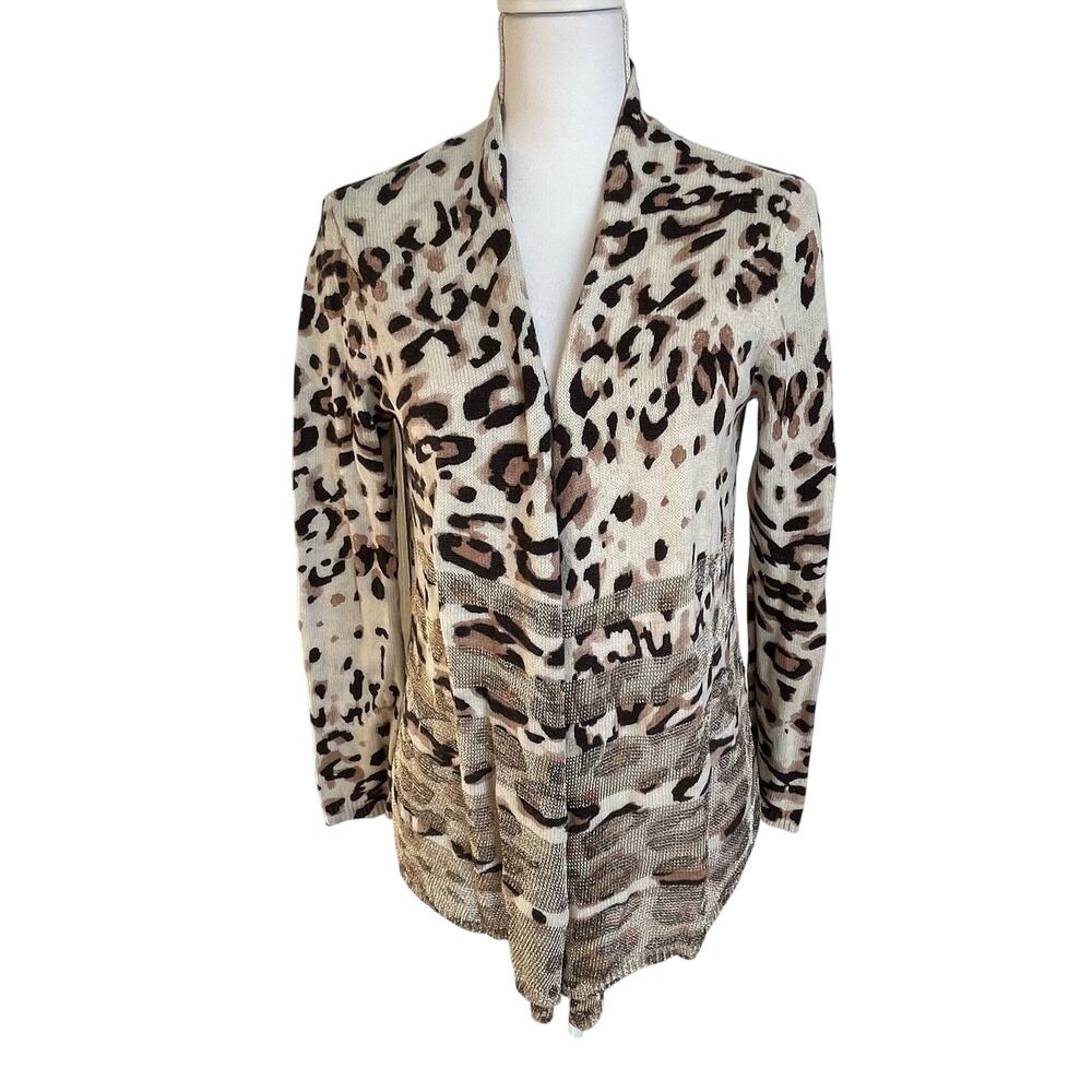 Chico's Cardigan Womens Sz 1 Medium 8/10 Ivory Animal Print Metallic Mesh Trim